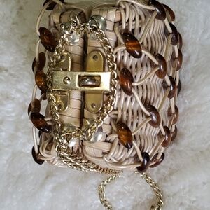 VintagecElegant Woven Beaded Tan Bag with Gold Chain British HONG KONG